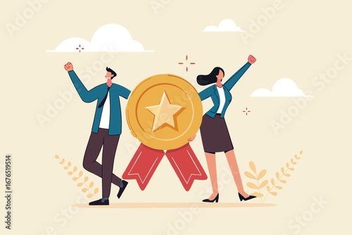 Professional or expert who success and win award, best office employee or specialist with skills to achieve goal concept, success businessman and businesswoman professional stand with star award.