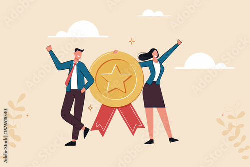 Professional or expert who success and win award, best office employee or specialist with skills to achieve goal concept, success businessman and businesswoman professional stand with star award.