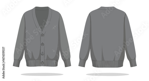 Gray V-Neck Cardigan Sweater: Front and Back Views for Fashion Design and Apparel Mockups perfectly for your projects