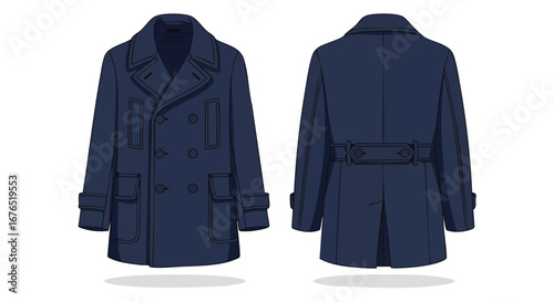 Vector Illustration of Double-Breasted Overcoat Displaying Front and Back Designs in a Stylish Fashion Presentation