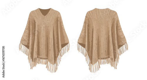 Sophisticated Beige Poncho Display: Capturing Front and Back Perspectives in Vector Illustration Design