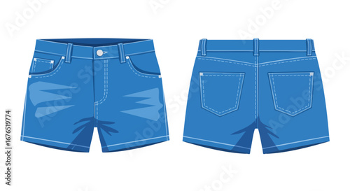 Denim Short Illustration Displaying Front and Back Designs for Fashion Apparel and Garment Presentations