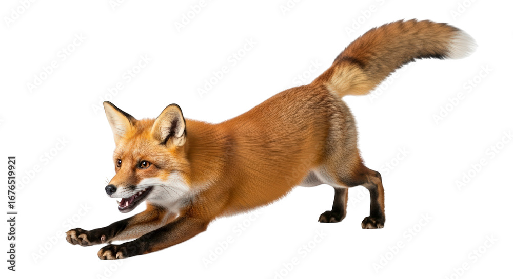 Fototapeta premium A red fox with a bushy tail leaps forward in a dynamic pose, its mouth open and ears alert, captured midaction against a stark transparent background, highlighting its agility and wild nature
