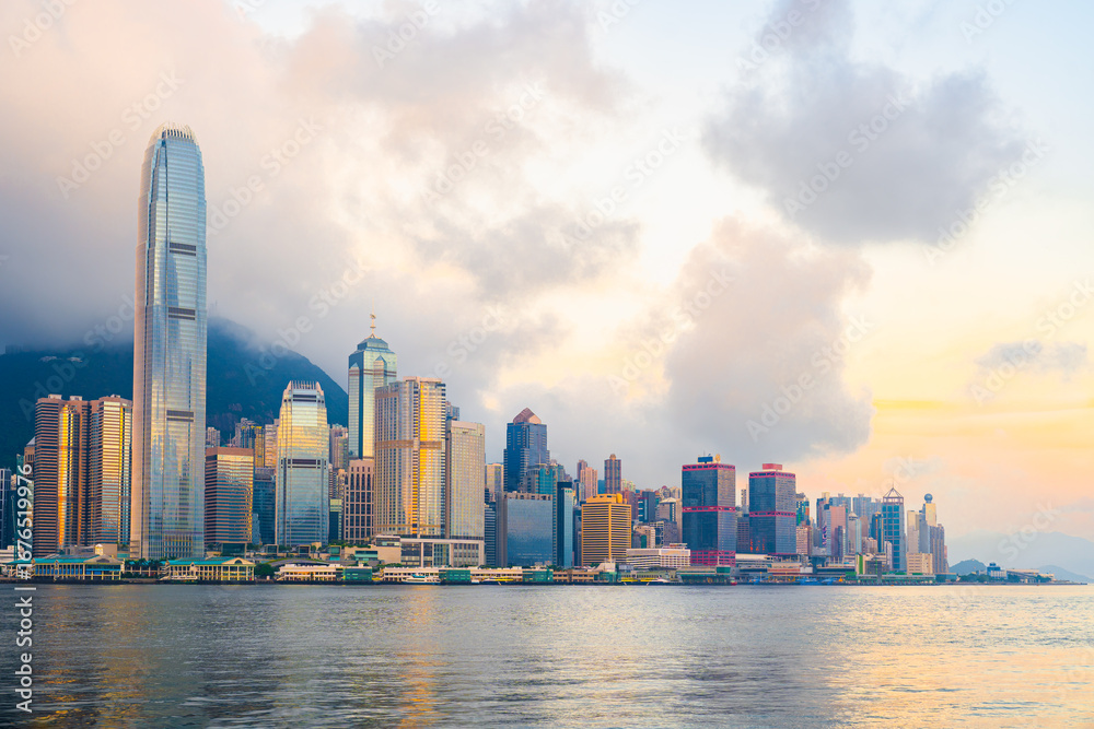custom made wallpaper toronto digitalHong Kong cityscape skyline at sunrise sky across Victoria harbor. One of the most tourist attaction in Hong Kong Island, China.