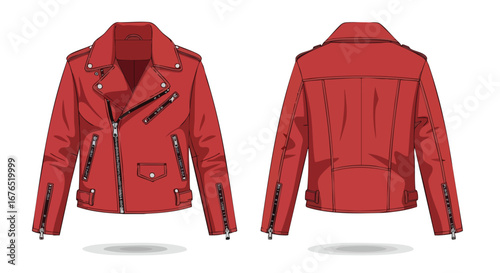 Bold crimson biker jacket illustration showcasing front and back designs with multiple zippers and metallic accents
