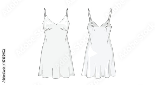 Digital rendition showcasing the front and back design aspects of a spaghetti strap slip dress with v neck and flowy hem for fashion related purposes