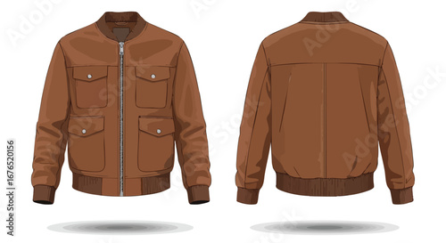 Illustration of a stylish brown bomber jacket with front pockets and a zipper, presented from the front and back views, design concept for fashion