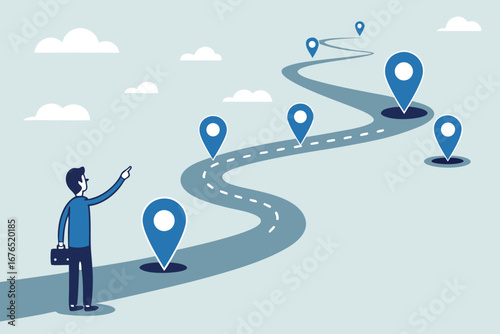 Success roadmap journey, milestone or career path achievement, route or pathway to achieve goals, accomplishment, assessment or way to success, businessman look at achievement milestone to success. 
