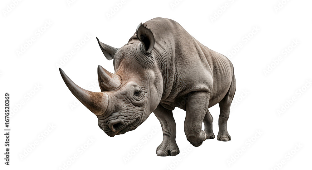 Fototapeta premium A powerful rhinoceros walking forward with its horn prominent, isolated on a transparent background, emphasizing its thick skin and sturdy build