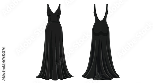 Elegant evening dress, black gown, front and back view, formal wear, sleeveless design, low back style, flowing fabric, slender silhouette, fashion