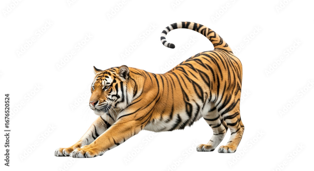 Obraz premium A powerful striped Bengal tiger, a big wild cat and a beautiful feline predator, is isolated on a clean transparent background