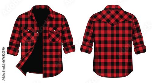 Vibrant Red and Black Buffalo Plaid Shirt Illustration: Front and Back Views for Apparel Design, Stylish Casual Wear Pattern and Fashion