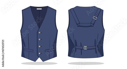 Elegant Navy Blue Vest Illustration Showcasing Front and Back Design Features on a White Canvas Displaying Sophistication