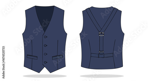 Classic navy blue vest illustration showcases both the front design with buttons and back with adjustable strap detail for fashion design