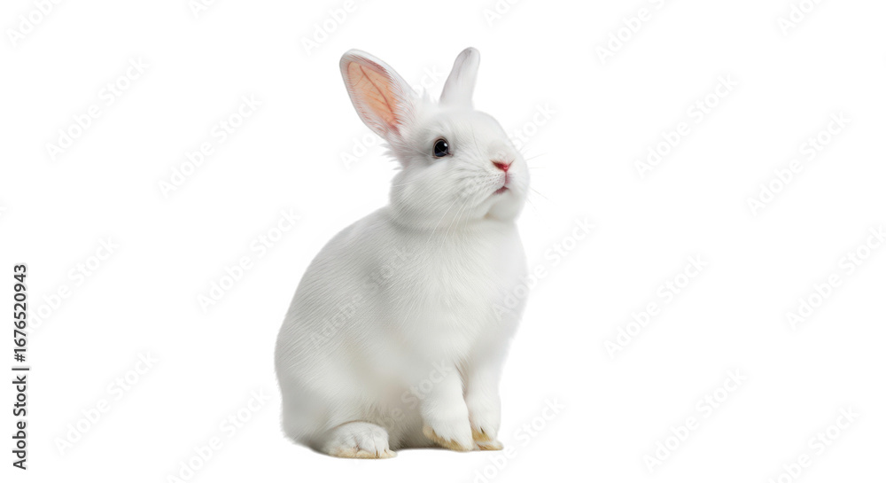 Fototapeta premium A cute fluffy white rabbit sitting and looking to the side, isolated on transparent background