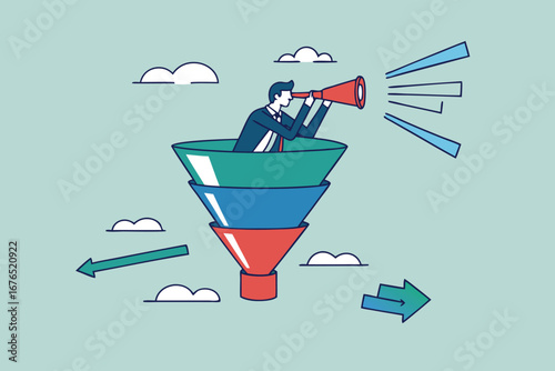 Marketing funnel sales prospect discovery, lead generation or Martech and analytics optimization, insight or customer data, conversion rate concept, businessman look binoculars in marketing funnel.