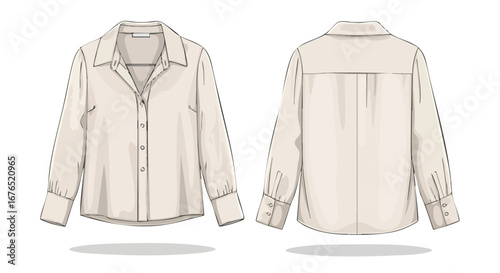 Detailed Fashion Illustration Showcasing a Button-Down Blouse with Classic Collar and Long Sleeves