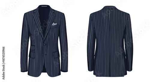 Striking pinstripe suit jacket showcasing modern tailoring with contrasting front and back views against a pristine white background