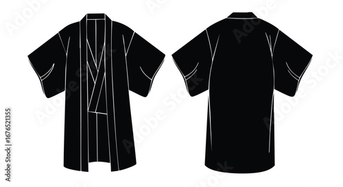 Conceptual black kimono garment showcase: a stylish minimalist design rendered in contrasting black and white on a clean background