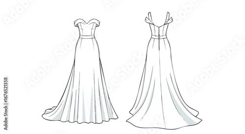 Elegant Evening Gown Fashion Sketch Showcasing Front and Back Views for Design Inspiration and Tailoring Projects