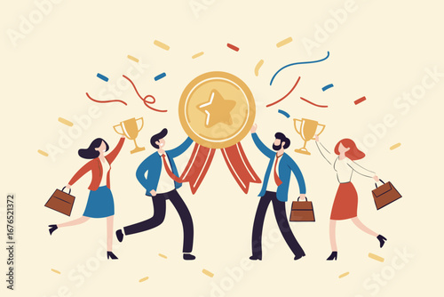 Team achievement, high quality employees, teamwork to help success together, best quality service reward, high performance staffs concept, business people celebrate high quality badge achievement. 