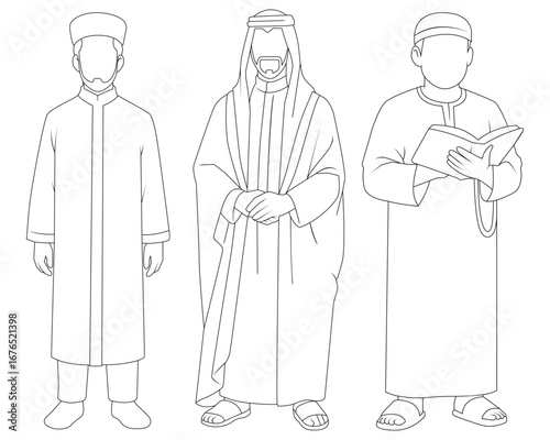 Set Lineart Cartoon Character Muslim Leaders, Imams, Scholars, and Clergy. Bundle Illustrations Representing Faith, Islamic Teachings, Devotion, and Spiritual Guidance. Islamic Leadership.