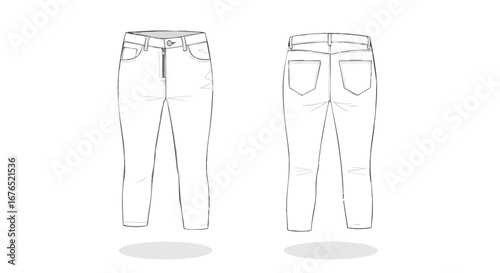 Technical fashion illustration showcasing the front and back views of stretch denim jeans technical drawing, flat sketch isolated on white background