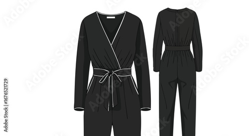 Detailed Fashion Illustration of a Black Wrap Jumpsuit with White Piping and Belt, Front and Back Views, Showing Style Elements and Design
