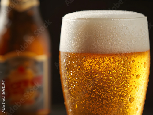 Wallpaper Mural A Refreshing Pour of Lager: A close-up shot showcases a chilled pint glass, glistening with condensation, filled with a golden lager, a beer bottle subtly blurred in the background. Torontodigital.ca