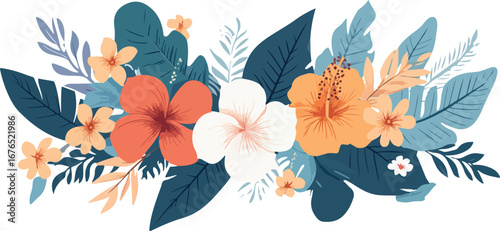 Vibrant tropical floral arrangement with hibiscus and lush greenery on white background