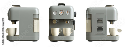 Gray coffee machine with cups, showing three different views