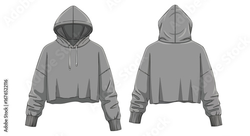 Sleek gray cropped hoodie, showcasing both front and back designs, a modern and stylish fashion apparel item for youthful individuals and casual