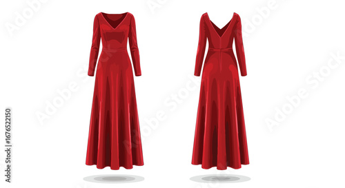 Elegant Long Sleeve Red Evening Gown Illustrations on a White Background Depicting Front and Back Designs Revealing Style and Shape for Designers or
