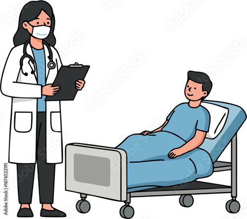 Flat vector illustration of a female doctor wearing a white coat, stethoscope, and mask holding a clipboard while standing beside a smiling male patient lying in a hospital bed, symbolizing healthcare