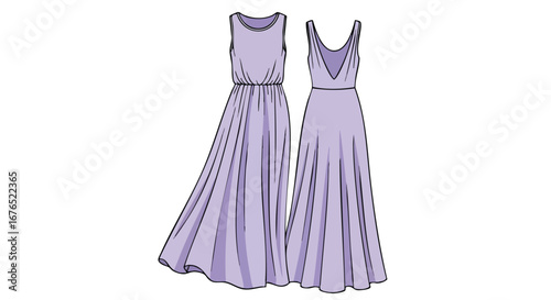 Sophisticated lilac dresses showcase fashion design technical flat drawing for summer attire front and back views for garment specifications