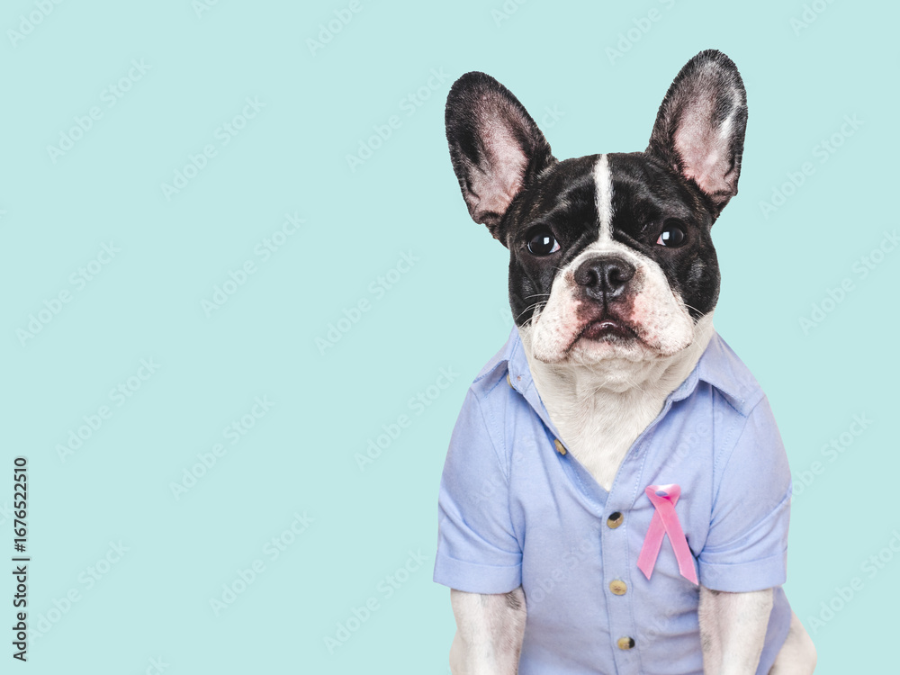 Fototapeta premium Cute puppy and Pink Awareness Ribbon. Express moral support. Close-up, indoors. Studio shot. Isolated background. Health care concept