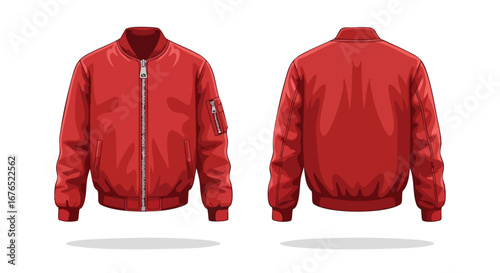 Vibrant red bomber jacket isolated, offering front and back views for design inspiration, suitable for fashion illustration and customizable templates