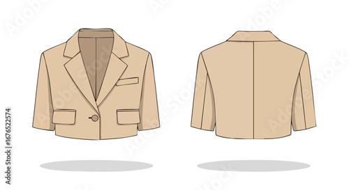Vector illustration exhibiting a cropped blazer design, showcasing front and back views on a clean white backdrop for fashion visualization