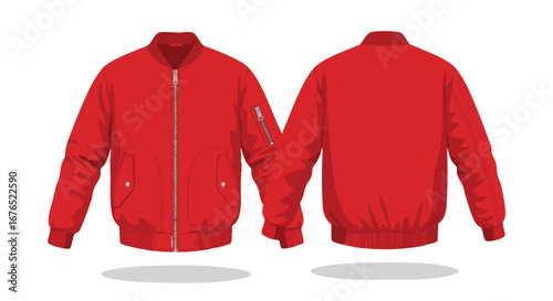 Vivid red bomber jacket showcasing front and back design, essential for streetwear and fashion mockups available on white backdrop