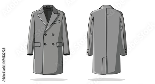 Illustration of a sophisticated gray overcoat, displaying both the elegant front design and the sleek back view with subtle details, highlighting