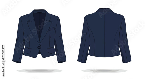 Detailed fashion sketch showcasing a navy blue short blazer with clean lines and a modern silhouette, displayed from both front and back views