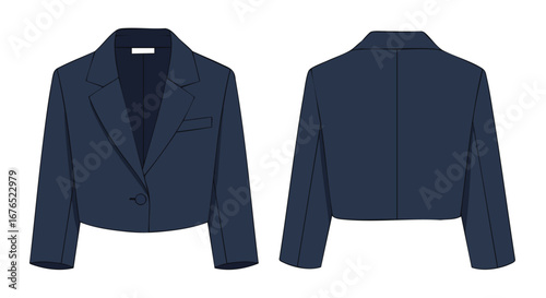Vector illustration showcasing the front and back of a stylish cropped navy blue blazer on a clean white background