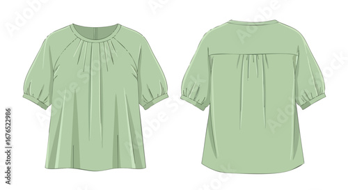 Conceptual fashion illustration showcasing a short-sleeved blouse pattern with front and back design details and a soft, pastel green color palette