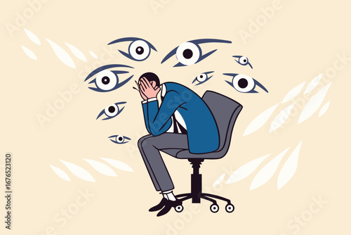 
Paranoia, fear and panic cause by mental health, phobia or disorder from mental disorder, depression from stress and anxiety concept, paranoia businessman sitting on a chair with creepy hand and eyes
