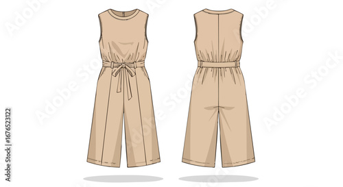 Technical fashion illustration of a sleeveless jumpsuit with tie waist, featuring both front and back views on a clean white background