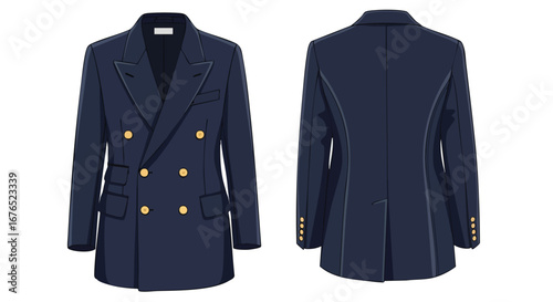 Elegant navy double-breasted blazer with front and back views showcasing its classic design and impeccable tailoring, featuring gleaming gold buttons