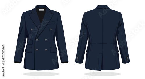 Detailed vector illustration showcasing a double-breasted navy blue blazer design, front and back, ideal for fashion design and style exploration