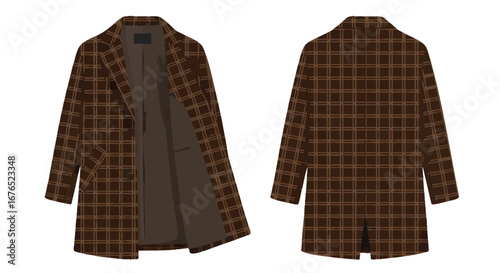 Sophisticated Brown Plaid Overcoat Displayed Front and Back on White Background, Classic Fashion Illustration