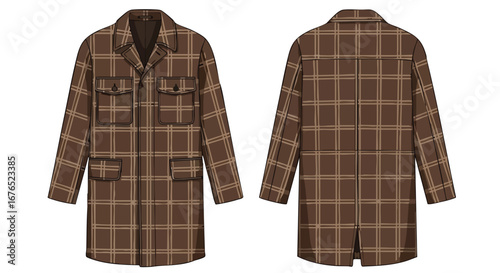 Detailed view of brown plaid overcoat, showcasing its design and structure with front and back perspectives, ideal for technical fashion drawings