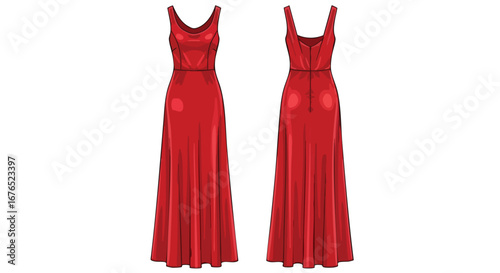 Elegant flowing red gown design showcasing both front and back views for fashion design inspiration